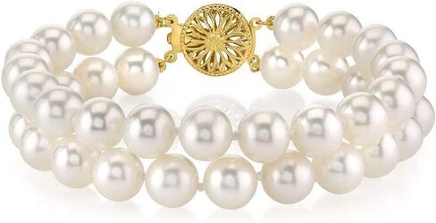 The Pearl Source 14K Gold AAAA Quality Round White Double Freshwater Cultured Pearl Bracelet for Women in Saudi Arabia