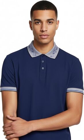 Versace Jeans Couture Steel Blue Mens Polo Shirt with Baroque Collar Detail in Saudi Arabia