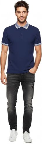 Versace Jeans Couture Steel Blue Mens Polo Shirt with Baroque Collar Detail in Saudi Arabia