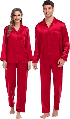 SWOMOG Couples Pajama Sets Men & Women Satin Long Sleeve Sleepwear Silky Classic Button Down Soft Loungewear Pjs Set Women Pure Red Small in Saudi Arabia