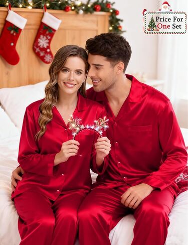 SWOMOG Couples Pajama Sets Men & Women Satin Long Sleeve Sleepwear Silky Classic Button Down Soft Loungewear Pjs Set Women Pure Red Small in Saudi Arabia