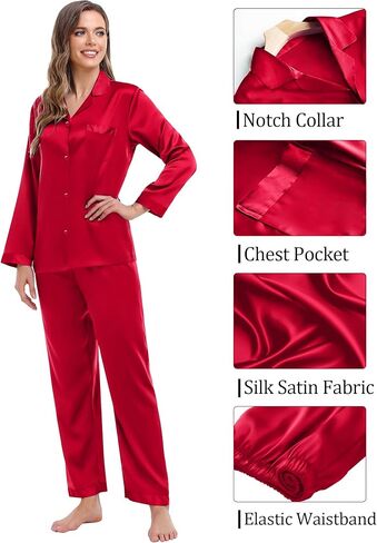 SWOMOG Couples Pajama Sets Men & Women Satin Long Sleeve Sleepwear Silky Classic Button Down Soft Loungewear Pjs Set Women Pure Red Small in Saudi Arabia