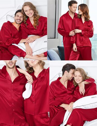 SWOMOG Couples Pajama Sets Men & Women Satin Long Sleeve Sleepwear Silky Classic Button Down Soft Loungewear Pjs Set Women Pure Red Small in Saudi Arabia