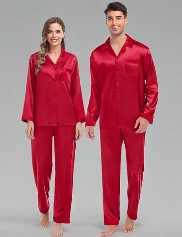 SWOMOG Couples Pajama Sets Men & Women Satin Long Sleeve Sleepwear Silky Classic Button Down Soft Loungewear Pjs Set Women Pure Red Small in Saudi Arabia