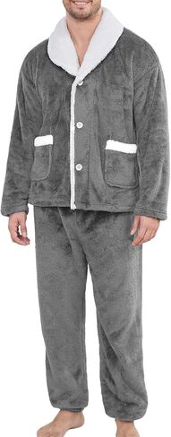 Gihuo Mens Button Down Pajama Sets Lounge Sleepwear Fuzzy 2 Piece Pjs Set Fleece Lounge Set Fluffy Pants Set in Saudi Arabia