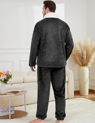 Gihuo Mens Button Down Pajama Sets Lounge Sleepwear Fuzzy 2 Piece Pjs Set Fleece Lounge Set Fluffy Pants Set in Saudi Arabia