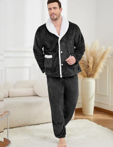 Gihuo Mens Button Down Pajama Sets Lounge Sleepwear Fuzzy 2 Piece Pjs Set Fleece Lounge Set Fluffy Pants Set in Saudi Arabia