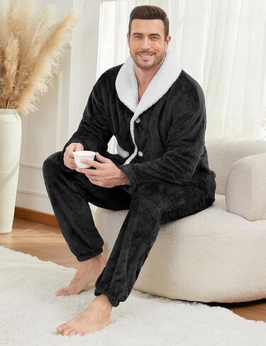 Gihuo Mens Button Down Pajama Sets Lounge Sleepwear Fuzzy 2 Piece Pjs Set Fleece Lounge Set Fluffy Pants Set in Saudi Arabia