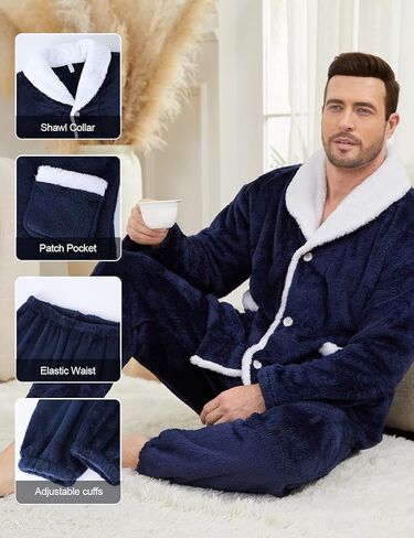 Gihuo Mens Button Down Pajama Sets Lounge Sleepwear Fuzzy 2 Piece Pjs Set Fleece Lounge Set Fluffy Pants Set in Saudi Arabia