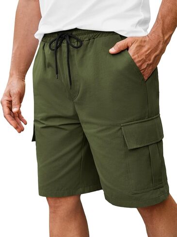 Runcati Mens Cargo Shorts Elastic Waist Drawstring Casual Shorts Cotton Hiking Travel Shorts with 6 Pockets in Saudi Arabia