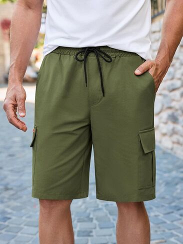 Runcati Mens Cargo Shorts Elastic Waist Drawstring Casual Shorts Cotton Hiking Travel Shorts with 6 Pockets in Saudi Arabia