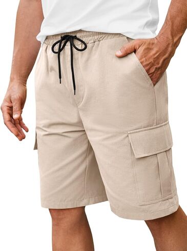 Runcati Mens Cargo Shorts Elastic Waist Drawstring Casual Shorts Cotton Hiking Travel Shorts with 6 Pockets in Saudi Arabia