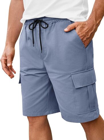 Runcati Mens Cargo Shorts Elastic Waist Drawstring Casual Shorts Cotton Hiking Travel Shorts with 6 Pockets in Saudi Arabia
