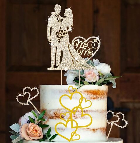 Luxury Gold Bride and Groom Wedding Cake Toppers Mr and Mrs with Crystal Rhinestones Heart Shape Reusable Metal Marriage Cake Decoration for Wedding,Engagement,Anniversary(3PC Set) in Saudi Arabia