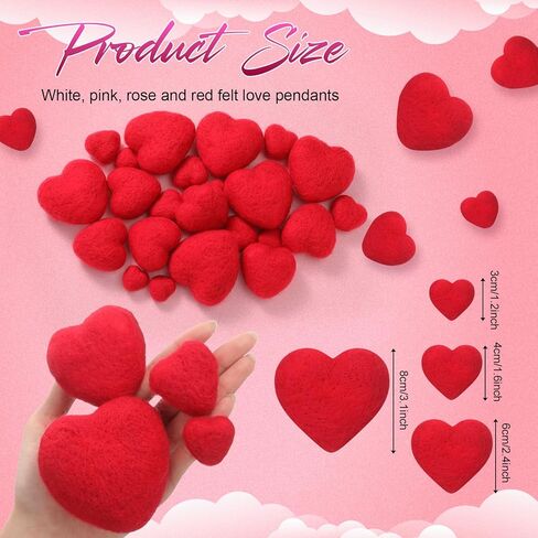 Geosar 24 Pieces Valentines Day Vase Filler Felt Heart Balls for Crafts Heart Vase Filler Decorative Pom Pom Balls Ornaments for Valentine's Day Decor Centerpieces(4 Sizes,Red) in Saudi Arabia