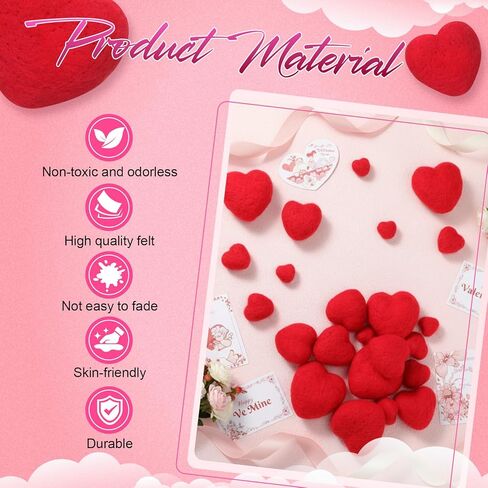 Geosar 24 Pieces Valentines Day Vase Filler Felt Heart Balls for Crafts Heart Vase Filler Decorative Pom Pom Balls Ornaments for Valentine's Day Decor Centerpieces(4 Sizes,Red) in Saudi Arabia