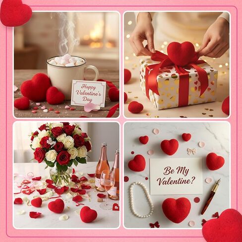 Geosar 24 Pieces Valentines Day Vase Filler Felt Heart Balls for Crafts Heart Vase Filler Decorative Pom Pom Balls Ornaments for Valentine's Day Decor Centerpieces(4 Sizes,Red) in Saudi Arabia