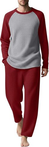 Men's Waffle Knit Pajama Set Long Sleeve Sleepwear Crewneck Shirts and Bottoms Loungewear with Pockets in Saudi Arabia