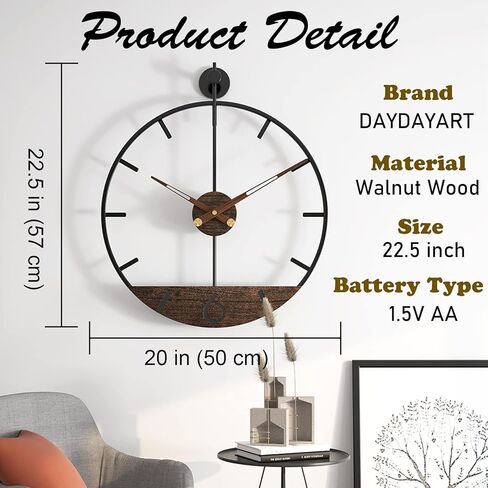 Modern Wood Walnut Dial Wall Clock, Large Simple Wall Decor Metal Frame Silent Non Ticking Clock for Living Room Decor, Kitchen, Bedroom, Study Decoration, Handmade Home Gift Idea, 22.5 in in Saudi Arabia