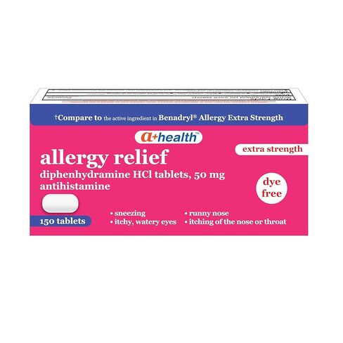 A+Health Allergy Relief، أقراص Diphenhydramine HCl 50 مجم، قوة إضافية، 150 قرصًا، مضادات الهيستامين، سيلان الأنف والعطس والعيون الدامعة in Saudi Arabia