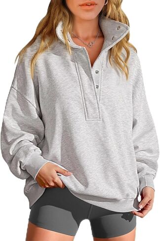 Womens Oversized Sweatshirt Button Fleece Henley Neck Pullover Top Casual Fall Fashion Outfits Clothes in Saudi Arabia