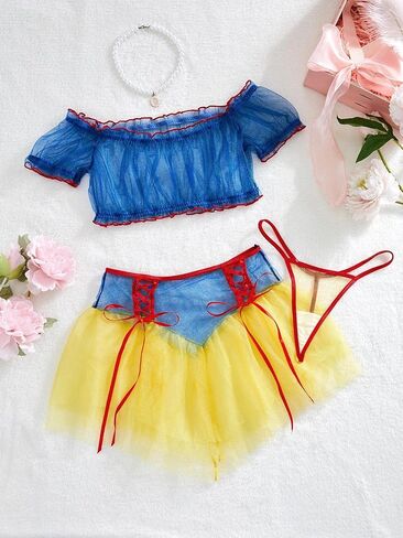 Women's Snow White Cosplay Set, Off Shoulder Sheer Mesh Lace Lingerie, Fluffy Yellow Skirt Comfortable Breathable Costume in Saudi Arabia