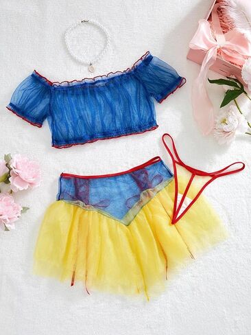 Women's Snow White Cosplay Set, Off Shoulder Sheer Mesh Lace Lingerie, Fluffy Yellow Skirt Comfortable Breathable Costume in Saudi Arabia