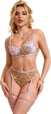 ohyeah 4 Pcs Sexy Garters Lingerie Set for Women Embroidered Floral Garter Belt, Thigh Garter Ring, Bra Panty Set Fits S-XXL in Kuwait