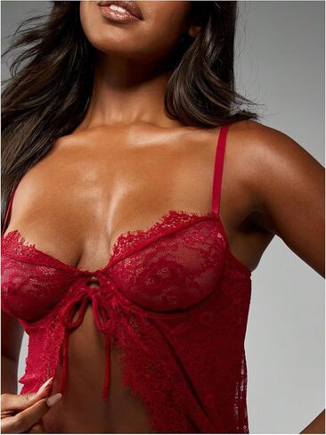 Verdusa Women's 2 Piece Lace Lingerie Set Bow Tie Slit Underwired Sheer Camisole Tops with Thong in Kuwait