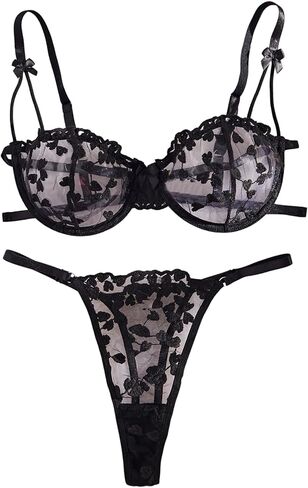 SOLY HUX Women's Lingerie Set Embroidery Mesh Sheer Underwire Bra and Panty Sets in Kuwait