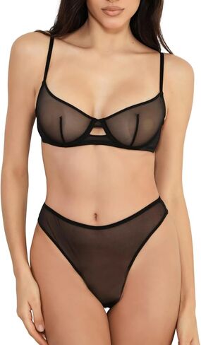 مجموعة ملابس داخلية شفافة من C'EST NICKEL للنساء مثيرة شفافة من خلال حمالة الصدر واللباس الداخلي in Kuwait