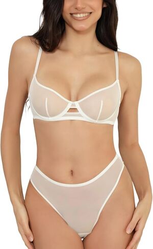 مجموعة ملابس داخلية شفافة من C'EST NICKEL للنساء مثيرة شفافة من خلال حمالة الصدر واللباس الداخلي in Kuwait