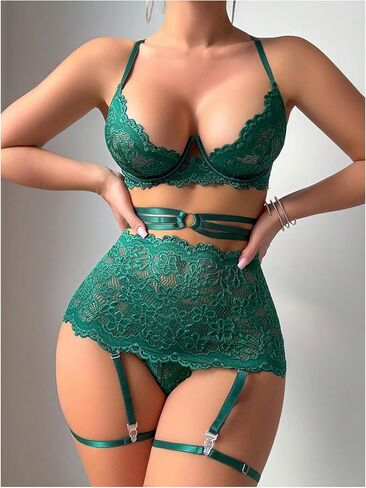 SHENHE Women's Lace Strappy Harness Lingerie Garter Set Underwire Bra and Thong with Mini Skirt in Saudi Arabia