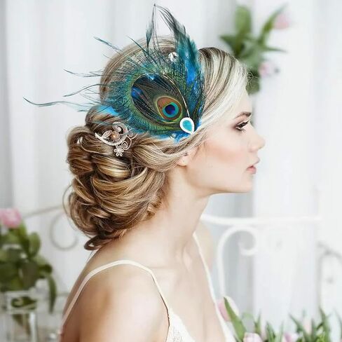 Peacock Feather Hair Clip Feather Fascinator Crystals Hairpin Peacock Hair Clip 1920s Costume Halloween Cosplay Women Girls Hair Accessories in Kuwait