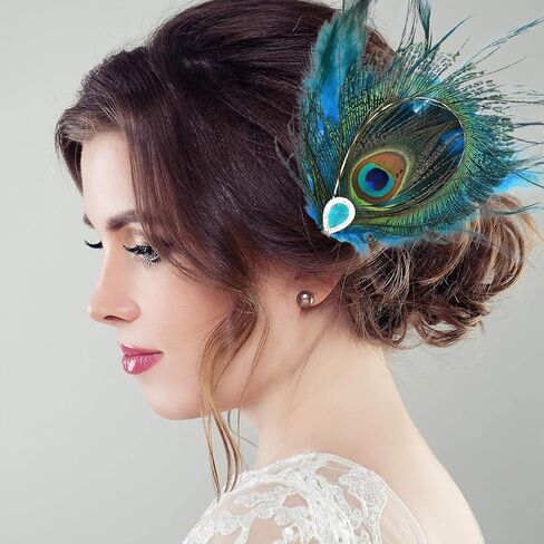 Peacock Feather Hair Clip Feather Fascinator Crystals Hairpin Peacock Hair Clip 1920s Costume Halloween Cosplay Women Girls Hair Accessories in Kuwait