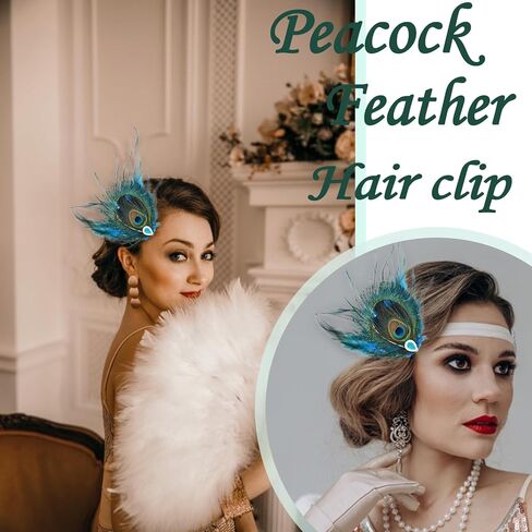 Peacock Feather Hair Clip Feather Fascinator Crystals Hairpin Peacock Hair Clip 1920s Costume Halloween Cosplay Women Girls Hair Accessories in Kuwait