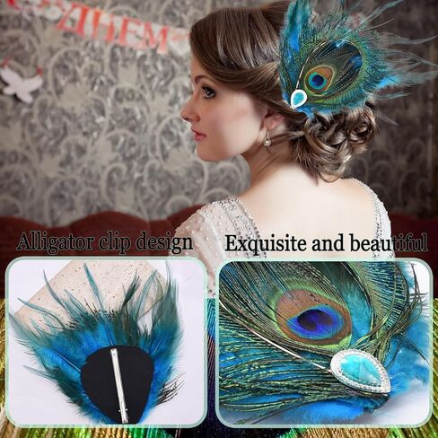 Peacock Feather Hair Clip Feather Fascinator Crystals Hairpin Peacock Hair Clip 1920s Costume Halloween Cosplay Women Girls Hair Accessories in Kuwait