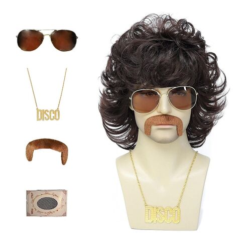 70s Disco Mullet Wigs for Men Brown Curly 80s Mullet Wig for Halloween Costume Party Afro Funny Wigs (Brown) in Saudi Arabia
