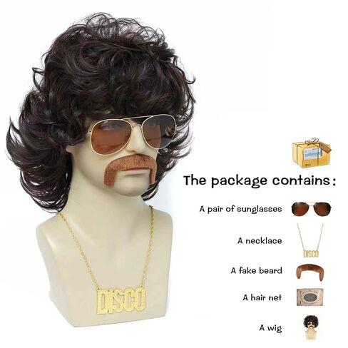 70s Disco Mullet Wigs for Men Brown Curly 80s Mullet Wig for Halloween Costume Party Afro Funny Wigs (Brown) in Saudi Arabia