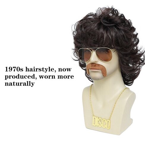 70s Disco Mullet Wigs for Men Brown Curly 80s Mullet Wig for Halloween Costume Party Afro Funny Wigs (Brown) in Saudi Arabia