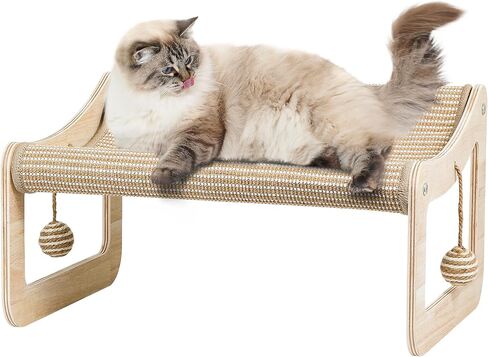 Sisal Cat Chair, Sisal Cat Scratcher Bed for Indoor Cats, 4 Heights Adjustable Cat Hammock Chair, Natural Wooden Cat Lounger with Sisal Scratcher, Cat Scratcher Lounge for Cats in Saudi Arabia