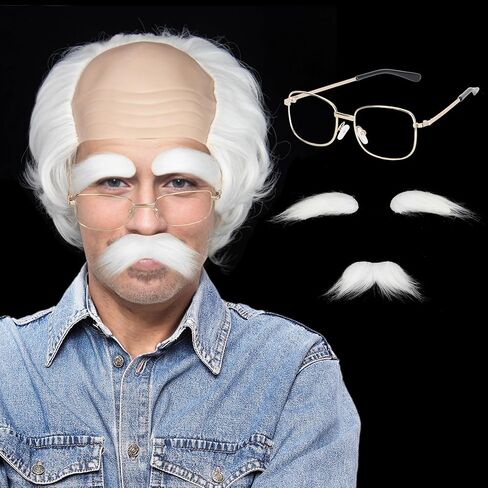 Miss U Hair White Old Man Wig and Glasses Fake Mustache Eyebrows Men Funny Short Wavy Balding Cap Costume Wig in Saudi Arabia