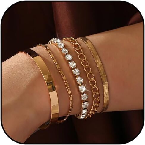 Gold Bracelets for Women Trendy Stackable Paperclip Link Chain Bracelets Adjustable Waterproof Layered Cuban Gold Cuff Bracelet Set in Saudi Arabia