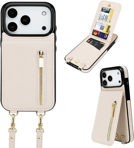 uCOLOR for iPhone 15 Pro Max Wallet Case with Card Holders for Women, Crossbody Zipper Protective Leather Case with Strap Wrist Ring RFID Protective 6.7" (Beige, iPhone 15 Pro Max 6.7") in Saudi Arabia