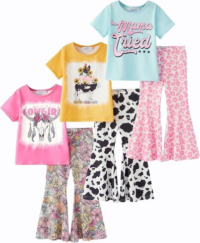 Girls Flare Pants Sets, Toddler & Big Kids 2-Piece Graphic Tee and Bell Pants Clothing Set Stretchy Outfits 3-Pack in Kuwait
