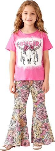 Girls Flare Pants Sets, Toddler & Big Kids 2-Piece Graphic Tee and Bell Pants Clothing Set Stretchy Outfits 3-Pack in Kuwait
