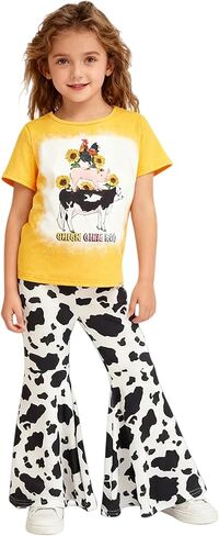 Girls Flare Pants Sets, Toddler & Big Kids 2-Piece Graphic Tee and Bell Pants Clothing Set Stretchy Outfits 3-Pack in Kuwait