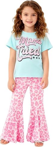 Girls Flare Pants Sets, Toddler & Big Kids 2-Piece Graphic Tee and Bell Pants Clothing Set Stretchy Outfits 3-Pack in Kuwait