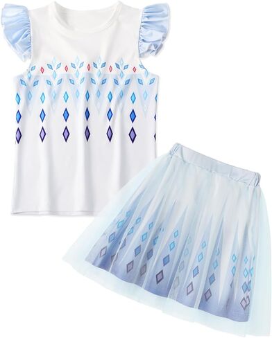 COTRIO Girls Tulle Skirt Set Princess Dress Toddler Birthday Outfit Two Piece Ruffle Sleeve T-Shirt Tutu Dress Kids Clothes in Kuwait