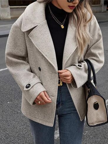 yoeasy Womens Cropped Pea Coat Notch Lapel Double Breasted Trench Coat Trendy Fall Winter Overcoat Short Jacket in Saudi Arabia